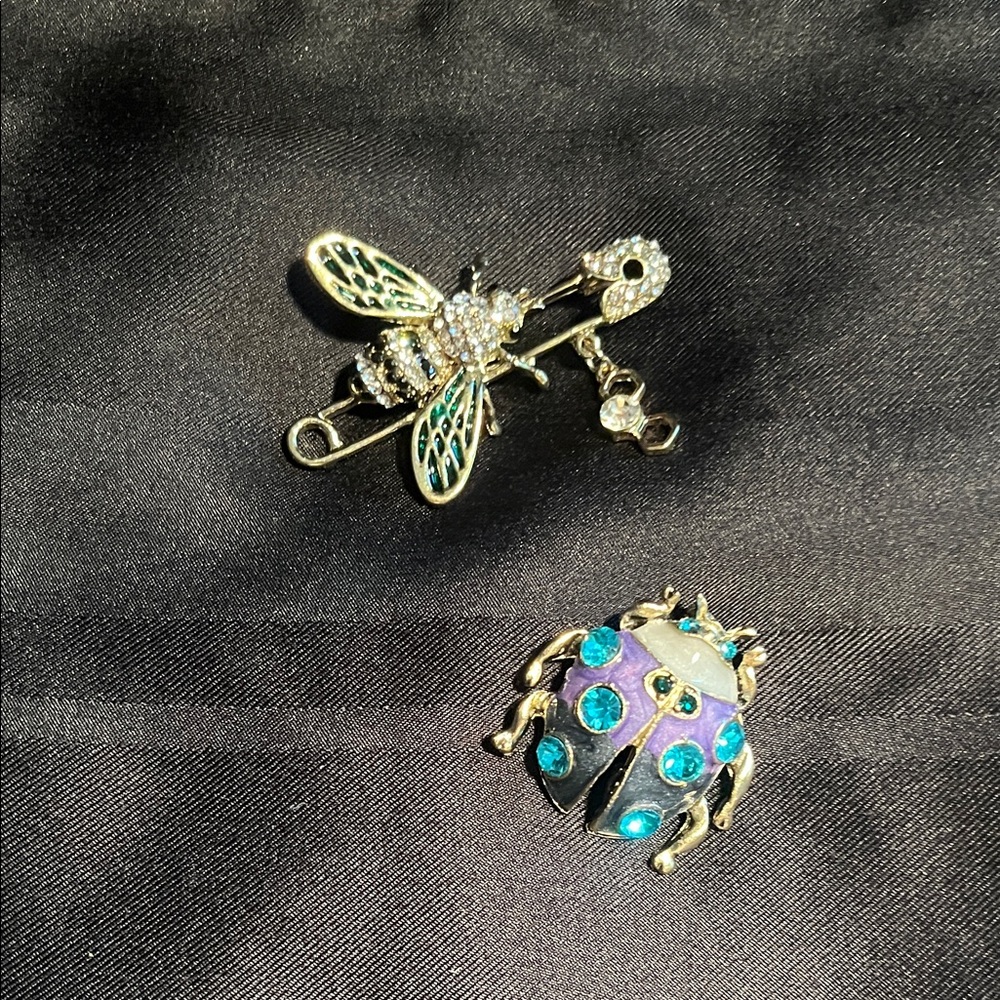 Elegant Bee  Brooch Set - Gold and rhinestone bee pin, gorgeous. Silver ladybug.